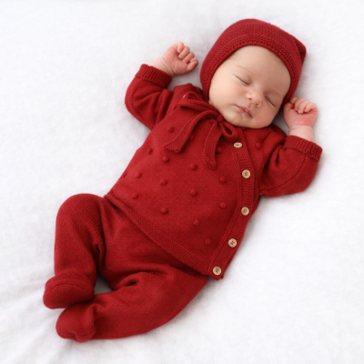 Bebé a dormir com fato de malha vermelho com botões e gorro a condizer
