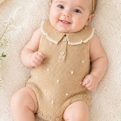 Bebé vestido com roupa de malha bege e fita de cabelo com laço