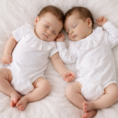 Bebés gémeos a dormir vestidos com bodies brancos com gola babado sobre têxtil branco felpudo