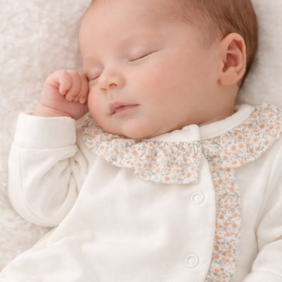 Bebé dormindo com macacão branco e gola floral de algodão