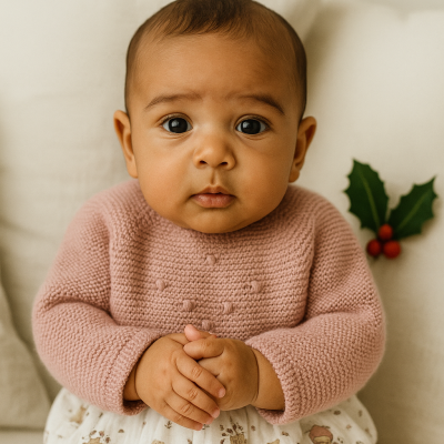 Bebé com camisola rosa e saia estampada sentado em sofá com almofadas e ramo de azevinho.