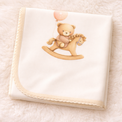 Manta branca para bebé com ursinho num cavalo de baloiço e balão cor-de-rosa.