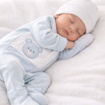 Bebé dormindo com roupa azul clara com urso bordado e chapéu branco