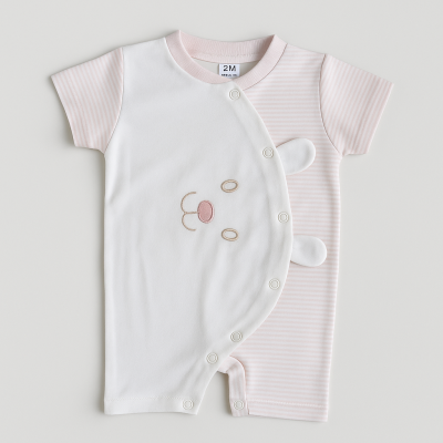 Macacão bebé curto branco e rosa com rosto de coelho e riscas