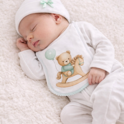 Bebé a dormir com pijama branco e babete com desenho de ursinho num cavalo de baloiço
