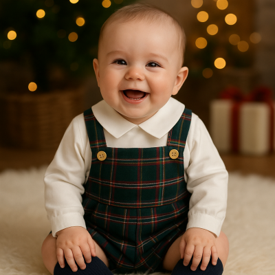 Bebé sorridente com roupa xadrez num ambiente festivo aconchegante.