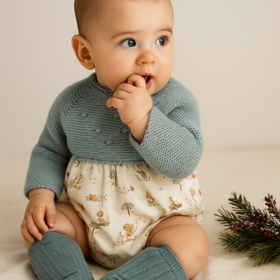 Bebé sentado com roupa de malha azul e body estampado, meias azuis e ramo decorativo ao lado.