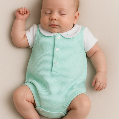 Bebé adormecido vestido com body verde água com botões e gola branca sobre fundo bege.