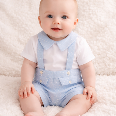 Bebé com roupa azul claro e branca sentado em superfície felpuda branca.