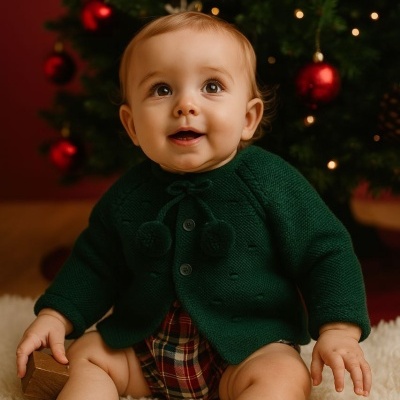 Bebé com casaco verde e calções de quadros junto de árvore de Natal decorada