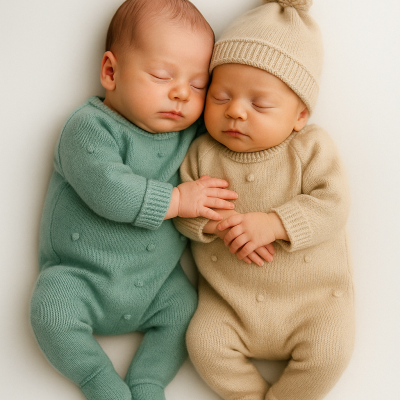 dois bebés a dormir com macacões de malha verde e bege, um com gorro de pompom