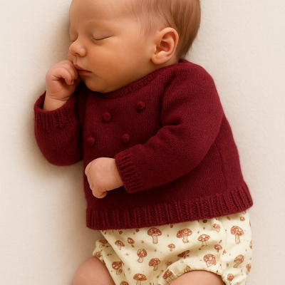 Bebé a dormir com camisola castanha-avermelhada e calças curtas creme com estampado de cogumelos.