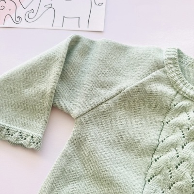 Camisola de bebé verde claro tricotada com padrão rendado e cartão decorativo com elefantes