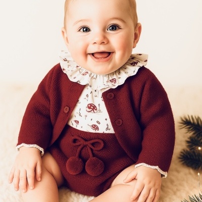 Bebé sorridente com roupa castanha avermelhada e camisa branca com padrão de cogumelos sentado sobre superfície branca