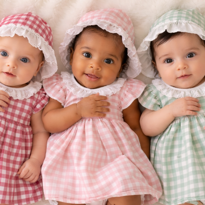 Três bebés com vestidos e chapéus xadrez de algodão em vermelho, rosa e verde.