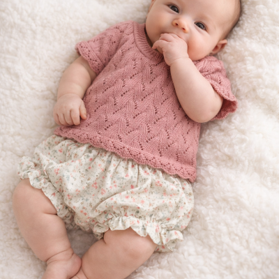 Bebé deitada com camisa de malha rosa e calções florais em manta branca felpuda