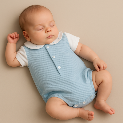 Body para bebé azul claro com gola branca e botões, bebé a dormir