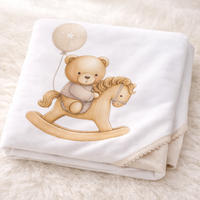 Manta branca com desenho de urso num cavalinho de balanço e balão