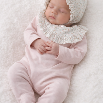Bebé dormindo com fato rosa e boné floral delicado