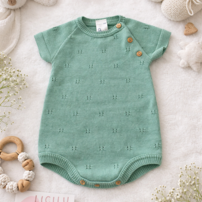 Body de bebé verde claro com botões de madeira e padrão em malha, rodeado por acessórios e brinquedos de bebé