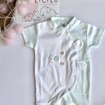 Macacão de bebé com padrão riscas verde claro e branco com elefante bordado e botões frontais