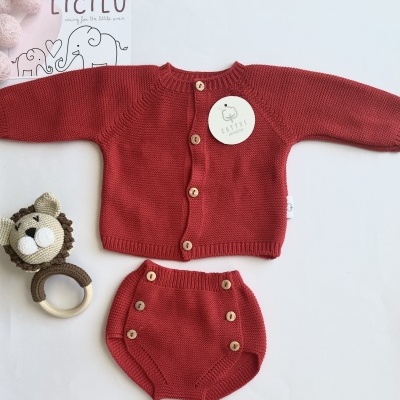 Conjunto de roupa de bebé vermelha em malha com botões em madeira e mordedor em crochê de leão