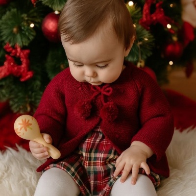 Bebé vestido de roupa vermelha e padrão xadrez com chocalho sentado em tapete branco junto a árvore de Natal decorada.