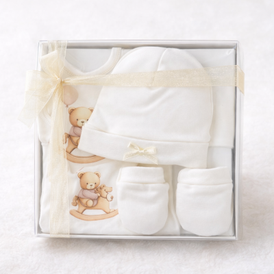 Conjunto de roupa de bebé com ursinho e touca branca em caixa transparente com fita dourada