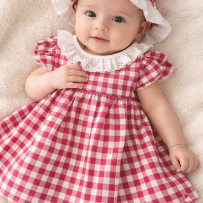 Vestido e chapéu de bebé xadrez vermelho e branco com gola branca bordada sobre manta creme.