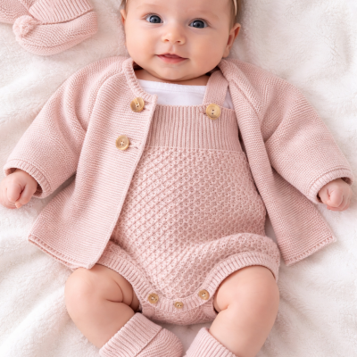 Bebé a usar conjunto de roupa em malha rosa com casaco, body, botins e faixa com laço