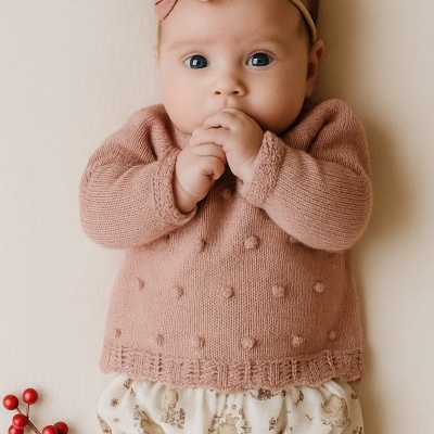 Bebé com camisola rosa de malha e calções florais com faixa de cabeça