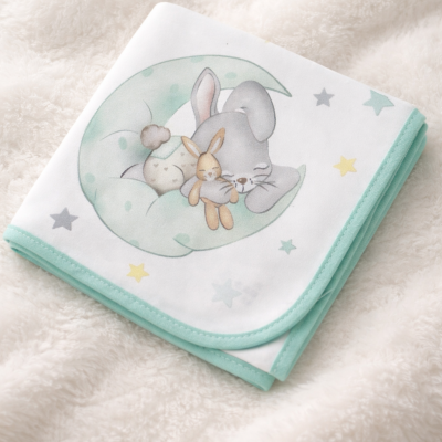 Manta de bebê com estampa de coelhos e estrelas sobre superfície felpuda branca.