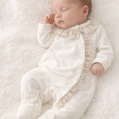 Bebé a dormir com macacão branco de padrão floral