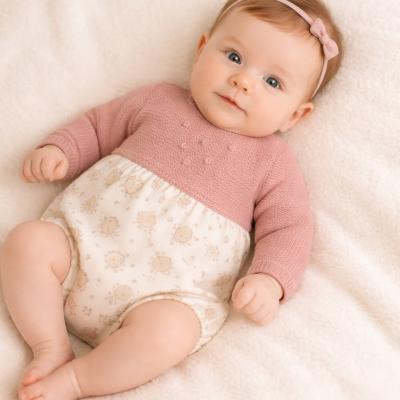 Bebé deitada com body rosa e branco e fita de cabeça rosa com laço