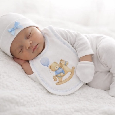 Bebé dormindo com roupa branca e babete com desenho de ursinho e cavalo