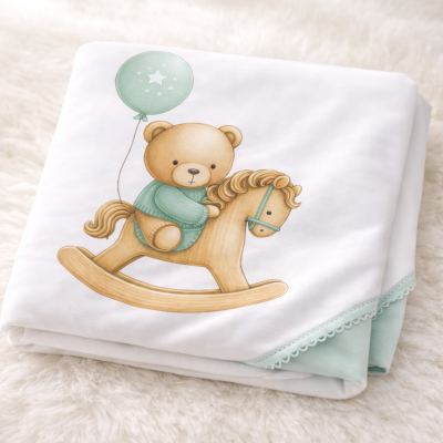 Manta branca com ursinho montado em cavalinho de madeira e balão verde