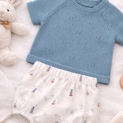 Conjunto de roupa de bebé azul com calções brancos estampados e peluche de coelho ao lado
