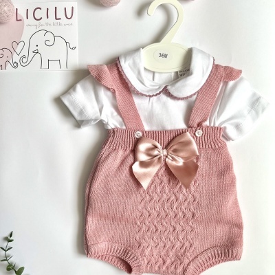 Conjunto para bebé branco e rosa com gola e laço