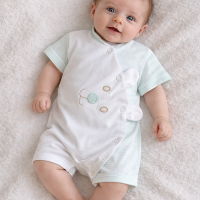 Bebé de pele branca com roupa clara e bordado de animal