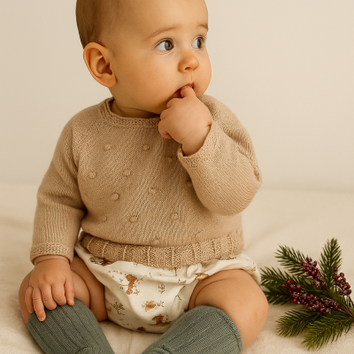 Bebé sentado com camisola bege de malha, fralda estampada e meias verdes ao lado de ramo decorativo.