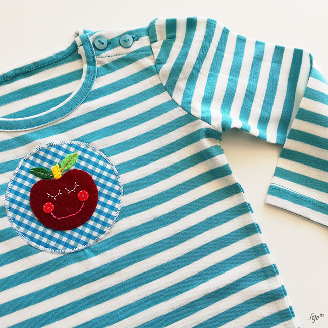 Camisola de bebé às riscas azuis e brancas com aplicação de maçã sorridente