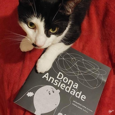 Gato preto e branco ao lado do livro 'Dora Ansiedade' sobre tecido vermelho