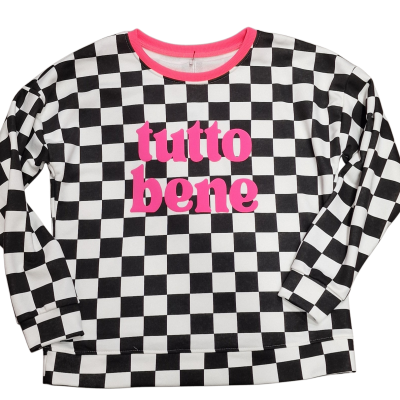 Sweatshirt xadrez preto e branco com texto rosa tutto bene e gola rosa