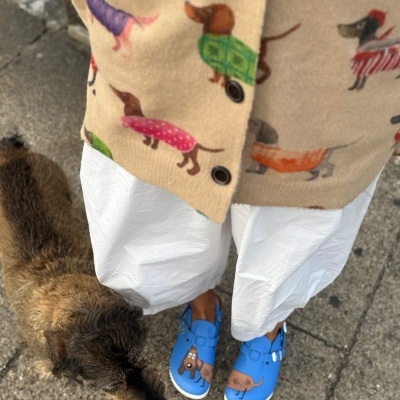 Pessoa com casaco estampado de cães, calças brancas e sandálias azuis, cão castanho ao lado