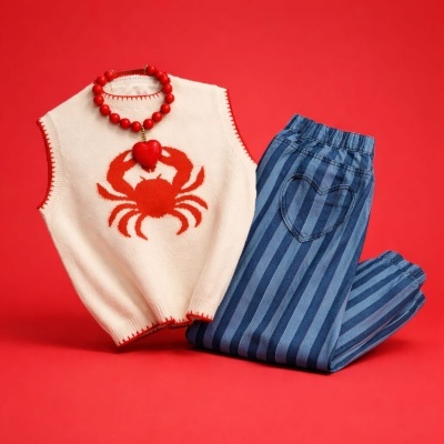 Colete branco com caranguejo vermelho, calças de ganga às riscas com bolso em forma de coração e colar vermelho sobre fundo vermelho.