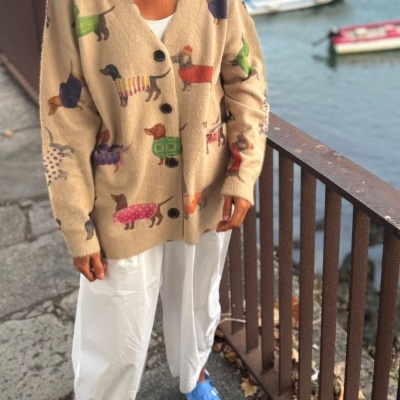 Cardigan bege com padrão de cães coloridos perto da água
