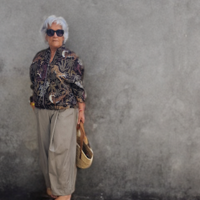 Pessoa idosa com roupa casual e bolsa de palha ao lado de parede cinzenta