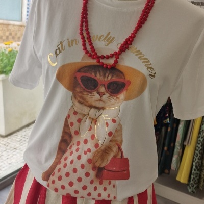Mannequim com t-shirt branca estampada e colar vermelho, calças riscas vermelhas e brancas, loja ao fundo