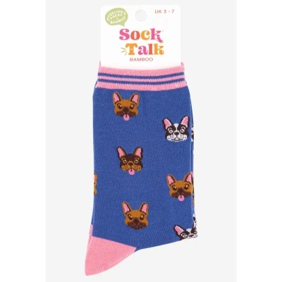 Meias azuis com padrão de cães e detalhes cor-de-rosa