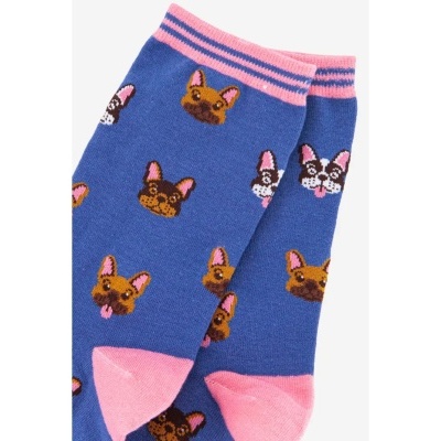 Meias azuis com estampado de cães Bulldog e detalhes em rosa